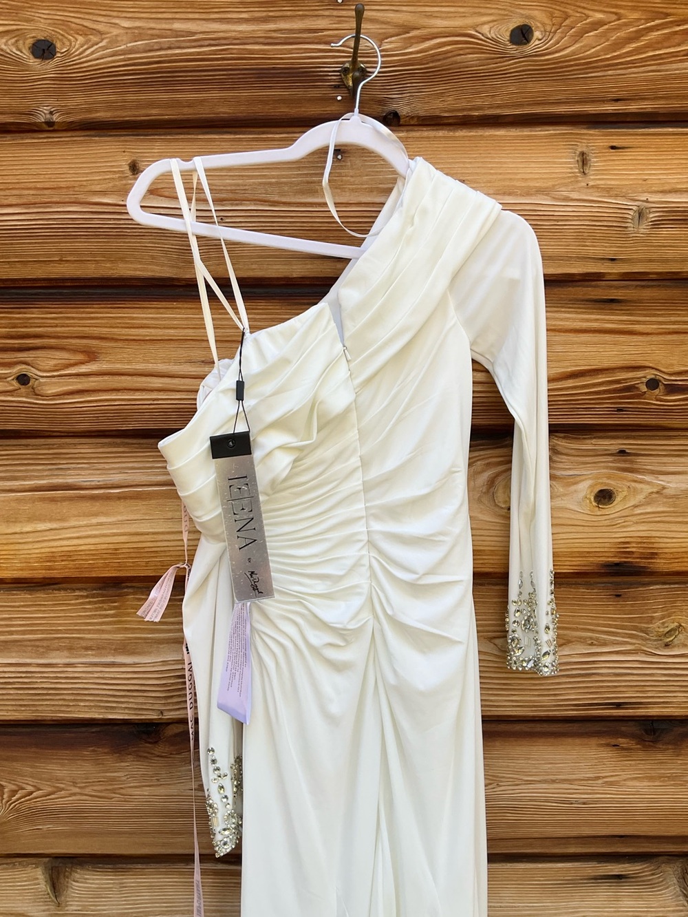 NWT MAC DUGGAL White Fold Over Long Sleeve Jeweled Midi Dress Size 14 - Picture 11 of 12